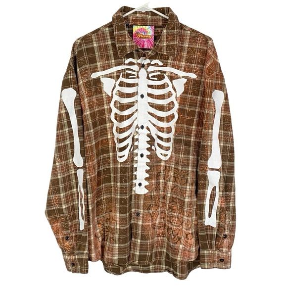 Upcycled Skeleton Flannel Shirt Mens Large Unisex Splatter Bleached Brown Plaid - Picture 1 of 10